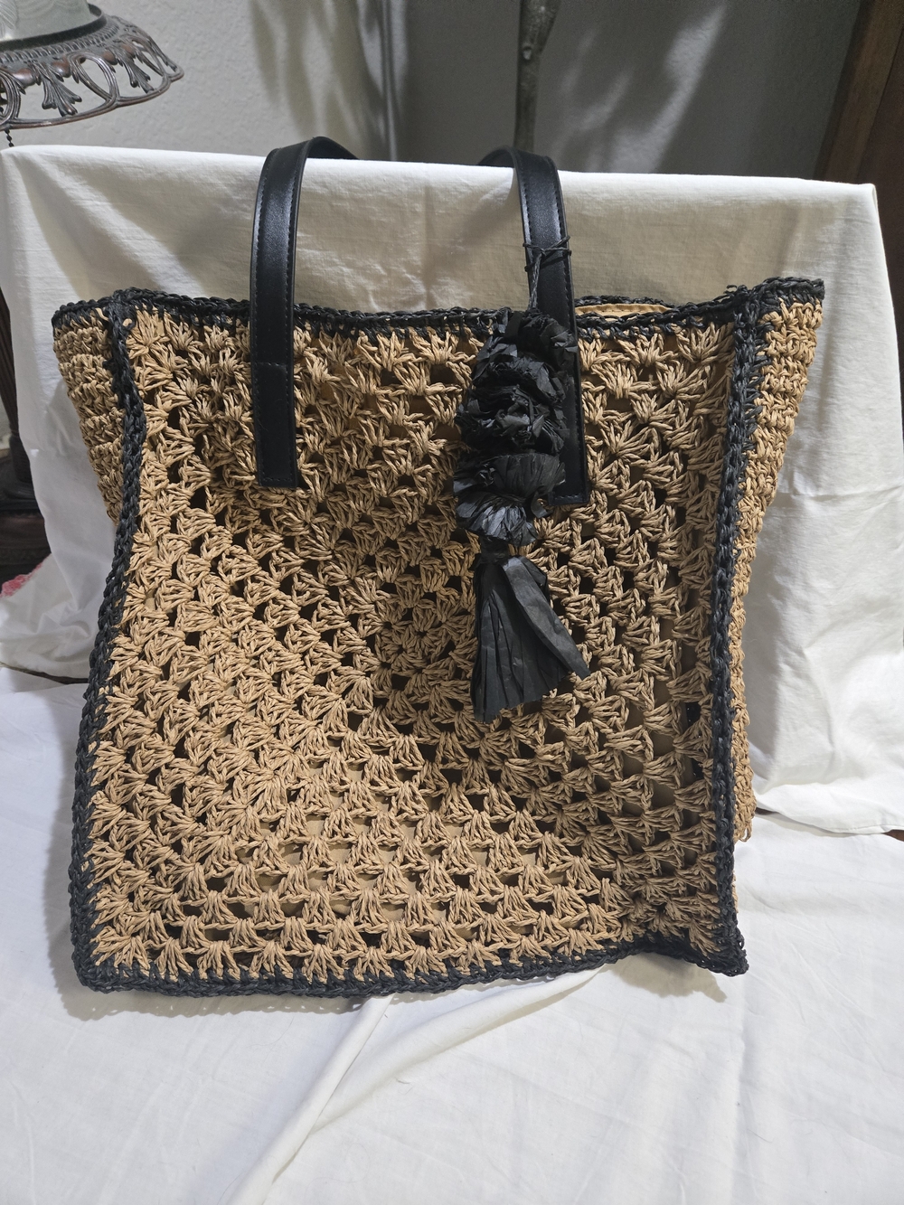 Rachel Zoe Tan Woven Tote with Black Trim